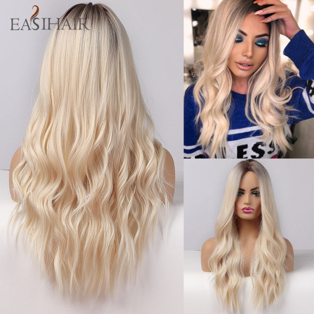 EASIHAIR Ombre Brown Light Blonde Platinum Long Wavy Middle Part Hair Wig Cosplay Natural Heat Resistant Synthetic Wig for Women