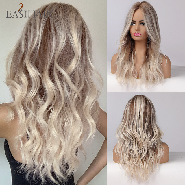 EASIHAIR Ombre Brown Light Blonde Platinum Long Wavy Middle Part Hair Wig Cosplay Natural Heat Resistant Synthetic Wig for Women