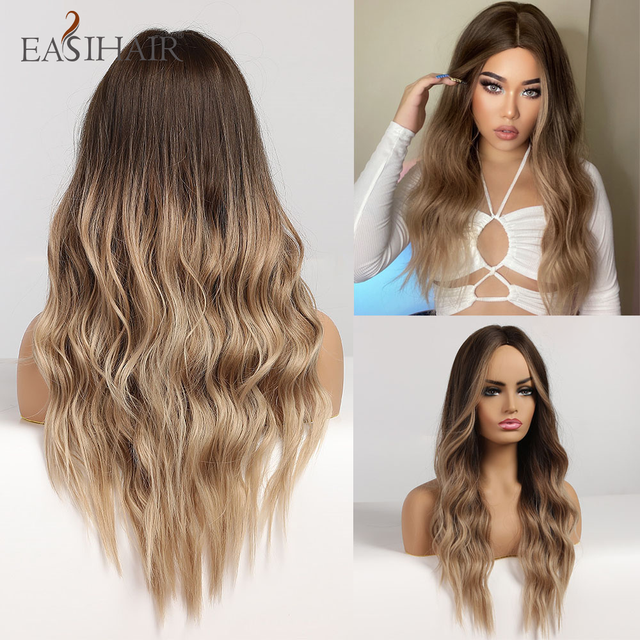 EASIHAIR Ombre Brown Light Blonde Platinum Long Wavy Middle Part Hair Wig Cosplay Natural Heat Resistant Synthetic Wig for Women