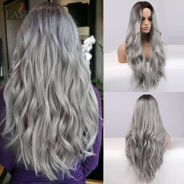 EASIHAIR Ombre Brown Light Blonde Platinum Long Wavy Middle Part Hair Wig Cosplay Natural Heat Resistant Synthetic Wig for Women