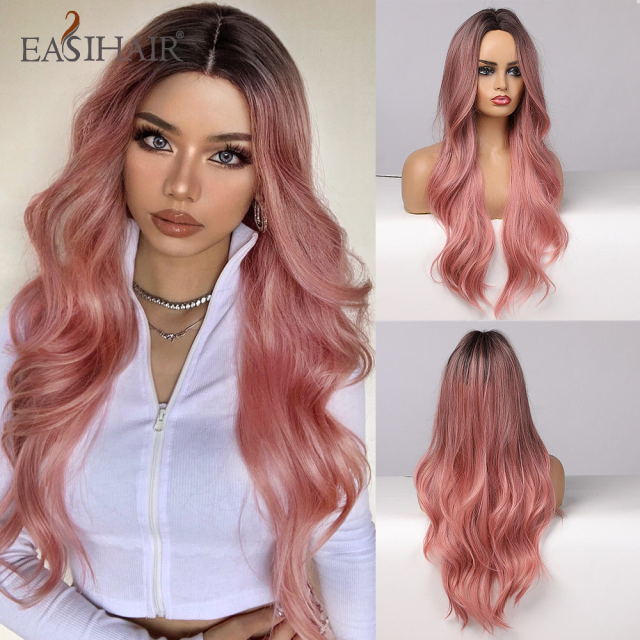 EASIHAIR Ombre Brown Light Blonde Platinum Long Wavy Middle Part Hair Wig Cosplay Natural Heat Resistant Synthetic Wig for Women