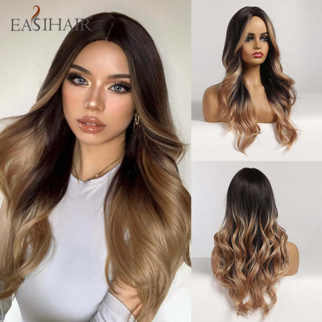 EASIHAIR Ombre Brown Light Blonde Platinum Long Wavy Middle Part Hair Wig Cosplay Natural Heat Resistant Synthetic Wig for Women