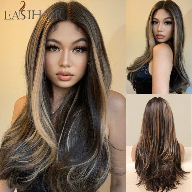 EASIHAIR Ombre Brown Light Blonde Platinum Long Wavy Middle Part Hair Wig Cosplay Natural Heat Resistant Synthetic Wig for Women