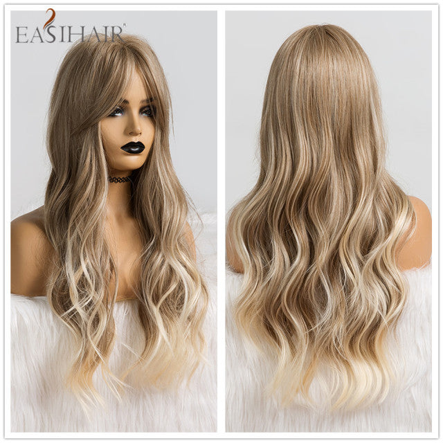 EASIHAIR Ombre Brown Light Blonde Platinum Long Wavy Middle Part Hair Wig Cosplay Natural Heat Resistant Synthetic Wig for Women