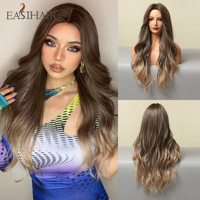 EASIHAIR Ombre Brown Light Blonde Platinum Long Wavy Middle Part Hair Wig Cosplay Natural Heat Resistant Synthetic Wig for Women