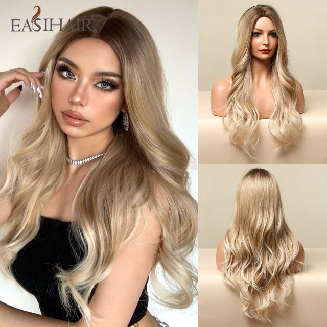 EASIHAIR Ombre Brown Light Blonde Platinum Long Wavy Middle Part Hair Wig Cosplay Natural Heat Resistant Synthetic Wig for Women