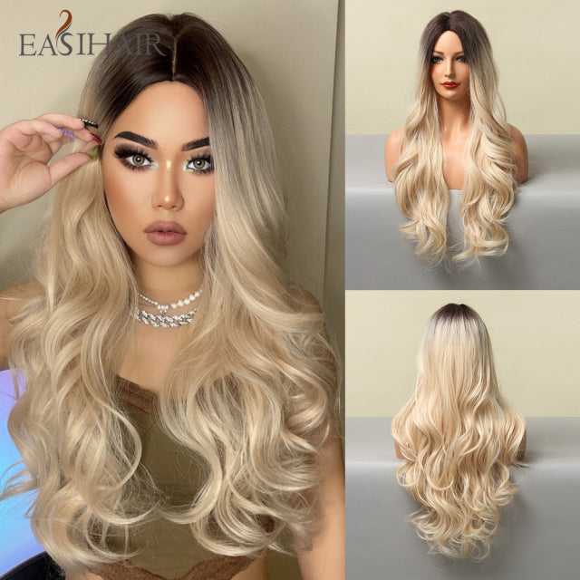 EASIHAIR Ombre Brown Light Blonde Platinum Long Wavy Middle Part Hair Wig Cosplay Natural Heat Resistant Synthetic Wig for Women