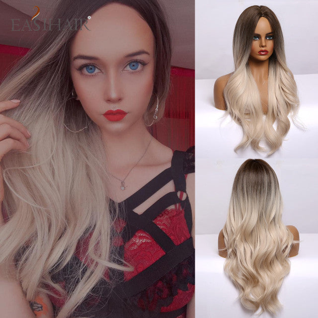 EASIHAIR Ombre Brown Light Blonde Platinum Long Wavy Middle Part Hair Wig Cosplay Natural Heat Resistant Synthetic Wig for Women