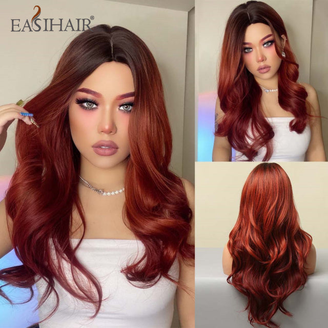 EASIHAIR Ombre Brown Light Blonde Platinum Long Wavy Middle Part Hair Wig Cosplay Natural Heat Resistant Synthetic Wig for Women