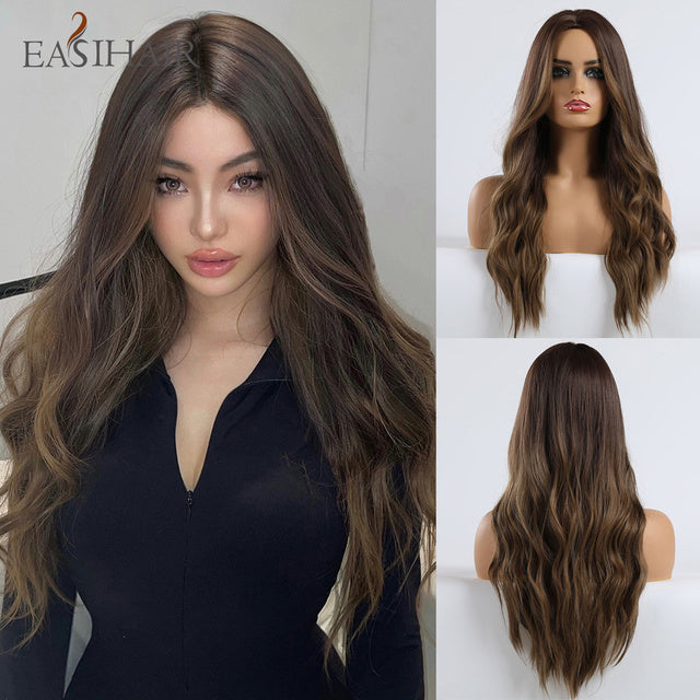 EASIHAIR Ombre Brown Light Blonde Platinum Long Wavy Middle Part Hair Wig Cosplay Natural Heat Resistant Synthetic Wig for Women