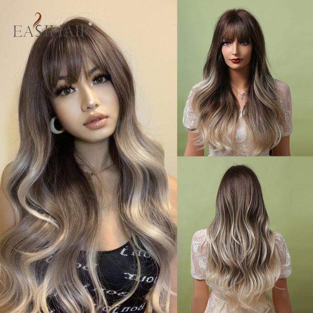 EASIHAIR Ombre Brown Light Blonde Platinum Long Wavy Middle Part Hair Wig Cosplay Natural Heat Resistant Synthetic Wig for Women