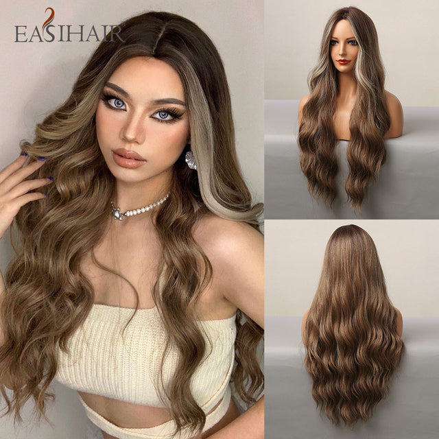 EASIHAIR Ombre Brown Light Blonde Platinum Long Wavy Middle Part Hair Wig Cosplay Natural Heat Resistant Synthetic Wig for Women