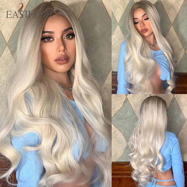 EASIHAIR Ombre Brown Light Blonde Platinum Long Wavy Middle Part Hair Wig Cosplay Natural Heat Resistant Synthetic Wig for Women