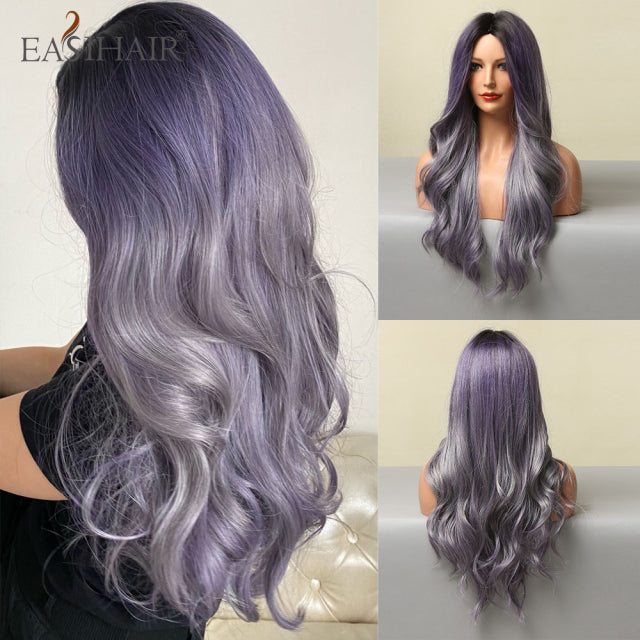 EASIHAIR Ombre Brown Light Blonde Platinum Long Wavy Middle Part Hair Wig Cosplay Natural Heat Resistant Synthetic Wig for Women