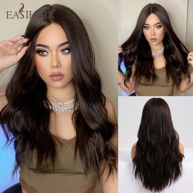 EASIHAIR Ombre Brown Light Blonde Platinum Long Wavy Middle Part Hair Wig Cosplay Natural Heat Resistant Synthetic Wig for Women