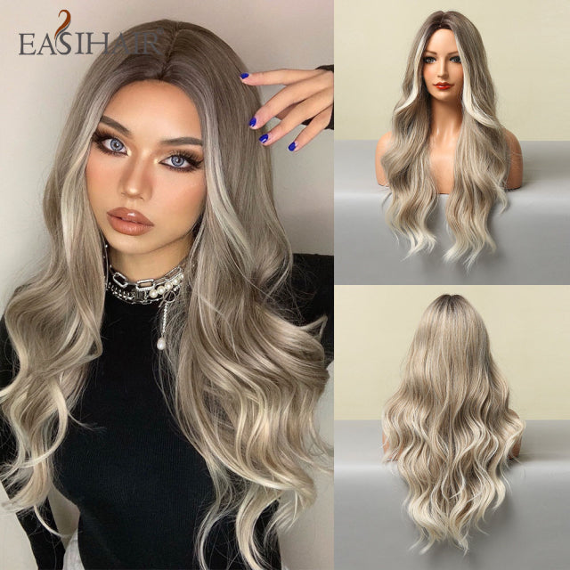 EASIHAIR Ombre Brown Light Blonde Platinum Long Wavy Middle Part Hair Wig Cosplay Natural Heat Resistant Synthetic Wig for Women