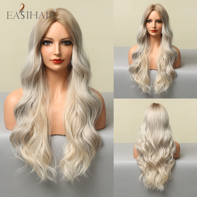 EASIHAIR Ombre Brown Light Blonde Platinum Long Wavy Middle Part Hair Wig Cosplay Natural Heat Resistant Synthetic Wig for Women