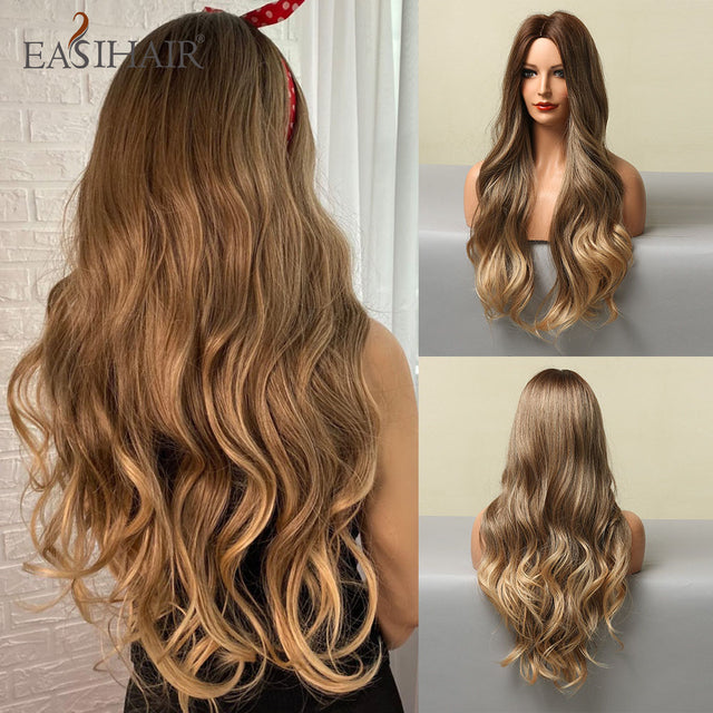 EASIHAIR Ombre Brown Light Blonde Platinum Long Wavy Middle Part Hair Wig Cosplay Natural Heat Resistant Synthetic Wig for Women