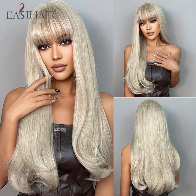 EASIHAIR Ombre Brown Light Blonde Platinum Long Wavy Middle Part Hair Wig Cosplay Natural Heat Resistant Synthetic Wig for Women