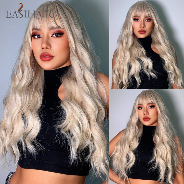 EASIHAIR Ombre Brown Light Blonde Platinum Long Wavy Middle Part Hair Wig Cosplay Natural Heat Resistant Synthetic Wig for Women