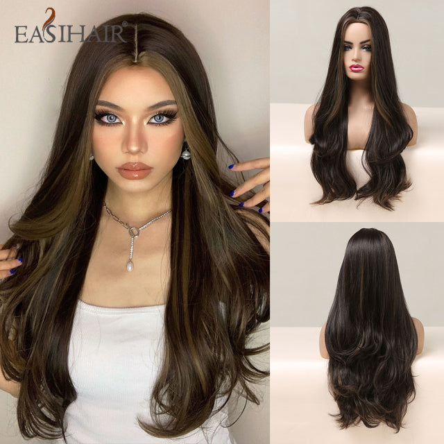 EASIHAIR Ombre Brown Light Blonde Platinum Long Wavy Middle Part Hair Wig Cosplay Natural Heat Resistant Synthetic Wig for Women