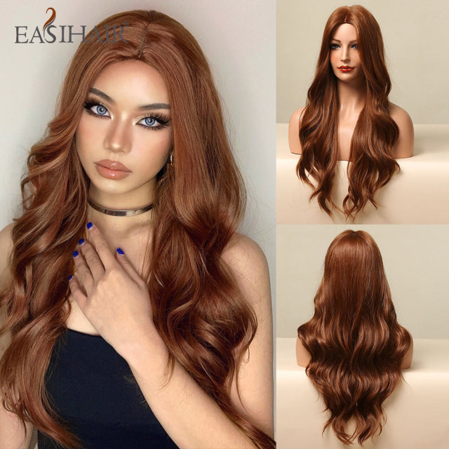 EASIHAIR Ombre Brown Light Blonde Platinum Long Wavy Middle Part Hair Wig Cosplay Natural Heat Resistant Synthetic Wig for Women