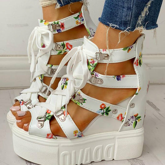 INS Hot Print Leisure Wedges Women&#39;s Shoes 2020 Summer Shoes Women Sandals Platform Shoelaces High Heels Casual Shoes Woman