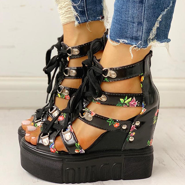 INS Hot Print Leisure Wedges Women&#39;s Shoes 2020 Summer Shoes Women Sandals Platform Shoelaces High Heels Casual Shoes Woman