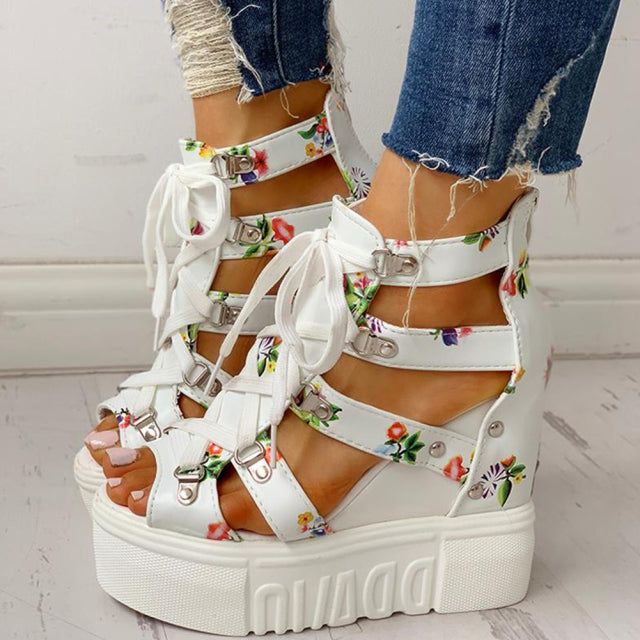 INS Hot Print Leisure Wedges Women&#39;s Shoes 2020 Summer Shoes Women Sandals Platform Shoelaces High Heels Casual Shoes Woman