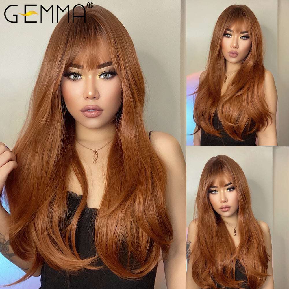 GEMMA Red Brown Copper Ginger Long Straight Synthetic Wigs for Women Natural Wave Wigs with Bangs Heat Resistant Cosplay Hair