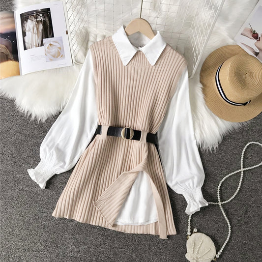 Long lantern sleeve shirt women knitted vest 2 two piece set 2022 spring autumn womens Shirts sets Sleeveless Sweater tops