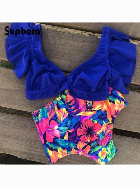 Floral Ruffled Hem Bikini Set Women Flora V-Neck High-Waisted Two Piece Swimsuit 2022 Girl Beach Bathing Suit Swimwear Biquinis