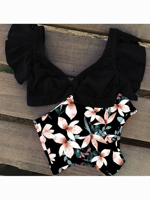 Floral Ruffled Hem Bikini Set Women Flora V-Neck High-Waisted Two Piece Swimsuit 2022 Girl Beach Bathing Suit Swimwear Biquinis