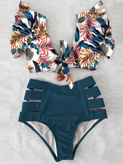 Floral Ruffled Hem Bikini Set Women Flora V-Neck High-Waisted Two Piece Swimsuit 2022 Girl Beach Bathing Suit Swimwear Biquinis