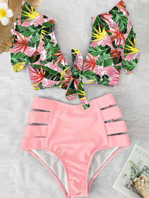 Floral Ruffled Hem Bikini Set Women Flora V-Neck High-Waisted Two Piece Swimsuit 2022 Girl Beach Bathing Suit Swimwear Biquinis