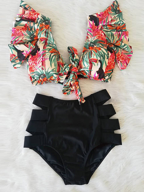 Floral Ruffled Hem Bikini Set Women Flora V-Neck High-Waisted Two Piece Swimsuit 2022 Girl Beach Bathing Suit Swimwear Biquinis