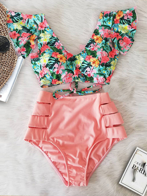 Floral Ruffled Hem Bikini Set Women Flora V-Neck High-Waisted Two Piece Swimsuit 2022 Girl Beach Bathing Suit Swimwear Biquinis