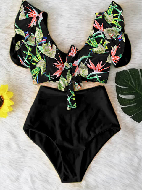 Floral Ruffled Hem Bikini Set Women Flora V-Neck High-Waisted Two Piece Swimsuit 2022 Girl Beach Bathing Suit Swimwear Biquinis