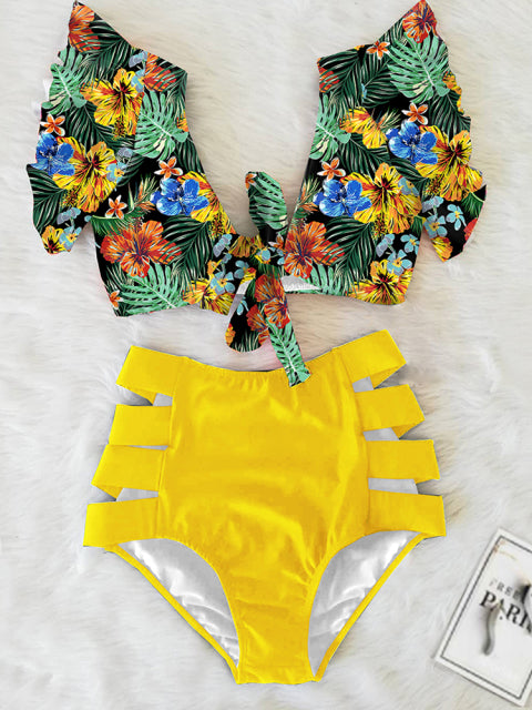 Floral Ruffled Hem Bikini Set Women Flora V-Neck High-Waisted Two Piece Swimsuit 2022 Girl Beach Bathing Suit Swimwear Biquinis