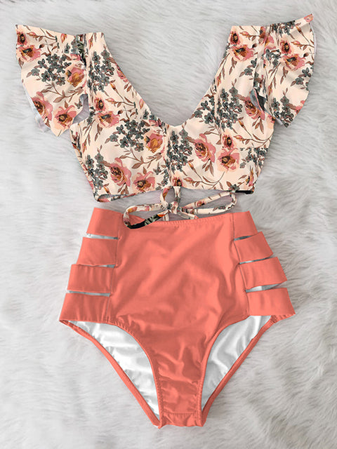 Floral Ruffled Hem Bikini Set Women Flora V-Neck High-Waisted Two Piece Swimsuit 2022 Girl Beach Bathing Suit Swimwear Biquinis