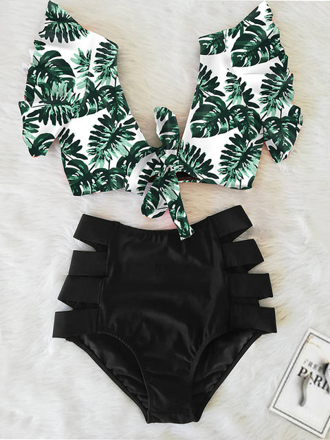 Floral Ruffled Hem Bikini Set Women Flora V-Neck High-Waisted Two Piece Swimsuit 2022 Girl Beach Bathing Suit Swimwear Biquinis