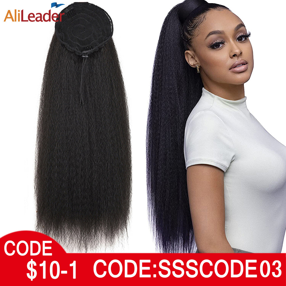 AliLeader Synthetic Long Afro Puff Ponytail Hair Kinky Natural Hair Kinky Straight Drawstring Ponytails With Clip Elastic Band