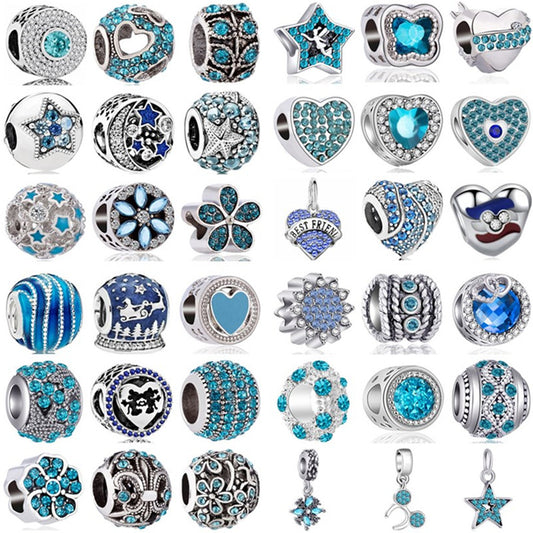 European Dazzling Blue Crystal Beads Fit Original Brand Charms Silver Color Bracelet Bead for Women Jewelry Making