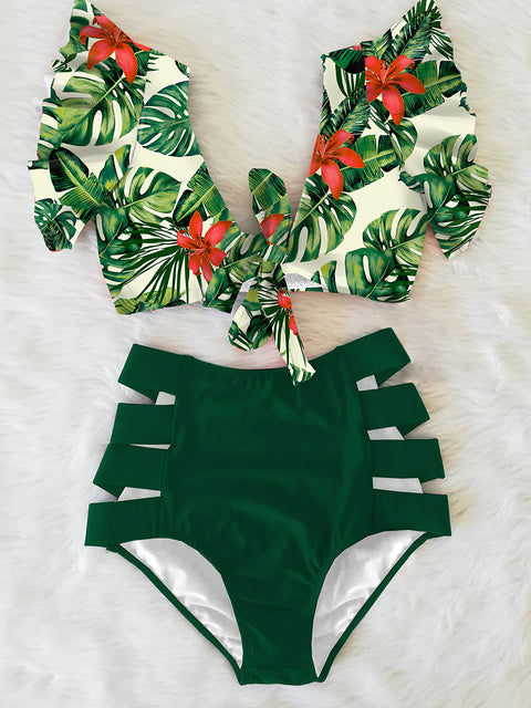 Floral Ruffled Hem Bikini Set Women Flora V-Neck High-Waisted Two Piece Swimsuit 2022 Girl Beach Bathing Suit Swimwear Biquinis