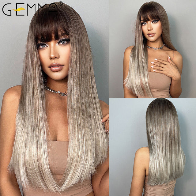 GEMMA Red Brown Copper Ginger Long Straight Synthetic Wigs for Women Natural Wave Wigs with Bangs Heat Resistant Cosplay Hair