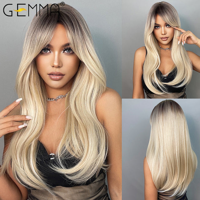 GEMMA Red Brown Copper Ginger Long Straight Synthetic Wigs for Women Natural Wave Wigs with Bangs Heat Resistant Cosplay Hair