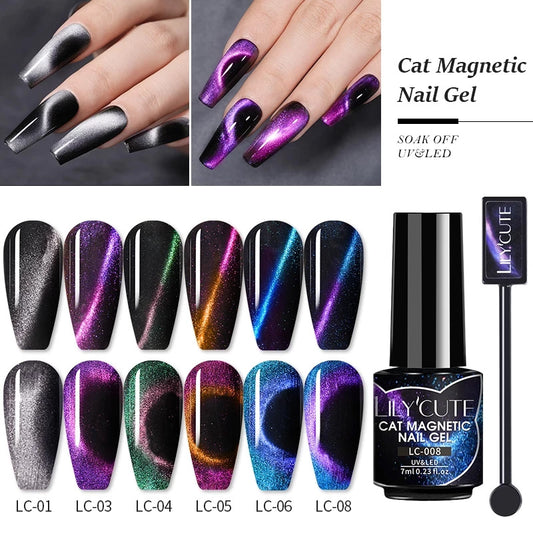 LILYCUTE 7ML 9D Cat Magnetic Gel Polish Set Semi Permanent Soak Off UV LED Glitter Nails Magnet Stick Black Gel Needed