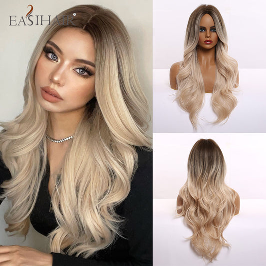 EASIHAIR Ombre Brown Light Blonde Platinum Long Wavy Middle Part Hair Wig Cosplay Natural Heat Resistant Synthetic Wig for Women