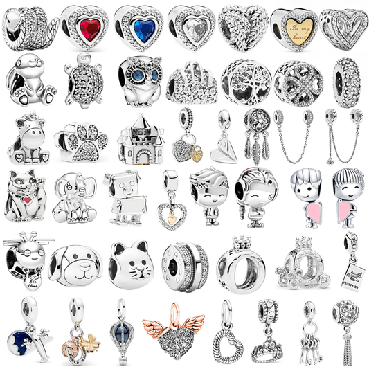 Silver Color Lucky Cat Safety Chain Dog Paw Crown Owl Love Pendant Fit Pandora Charms Bracelets DIY Women Original Beads Jewelry
