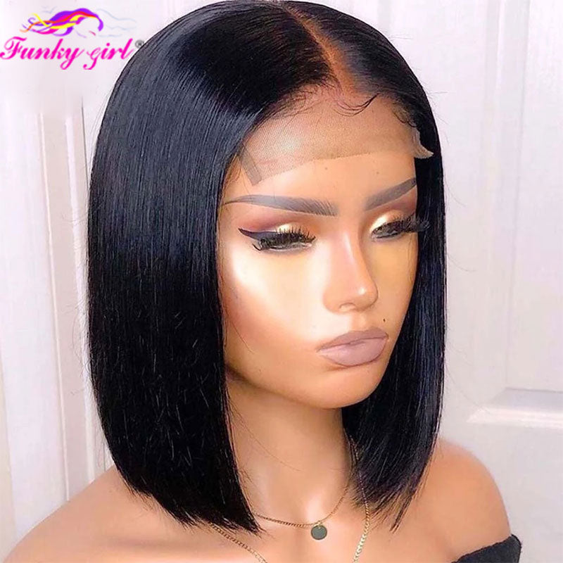 4x1 T Part Short Bob Wig Straight Human Hair Wigs Brazilian Bone Straight Closure Wigs For Women 180% Density Deep Wave Bob Wigs